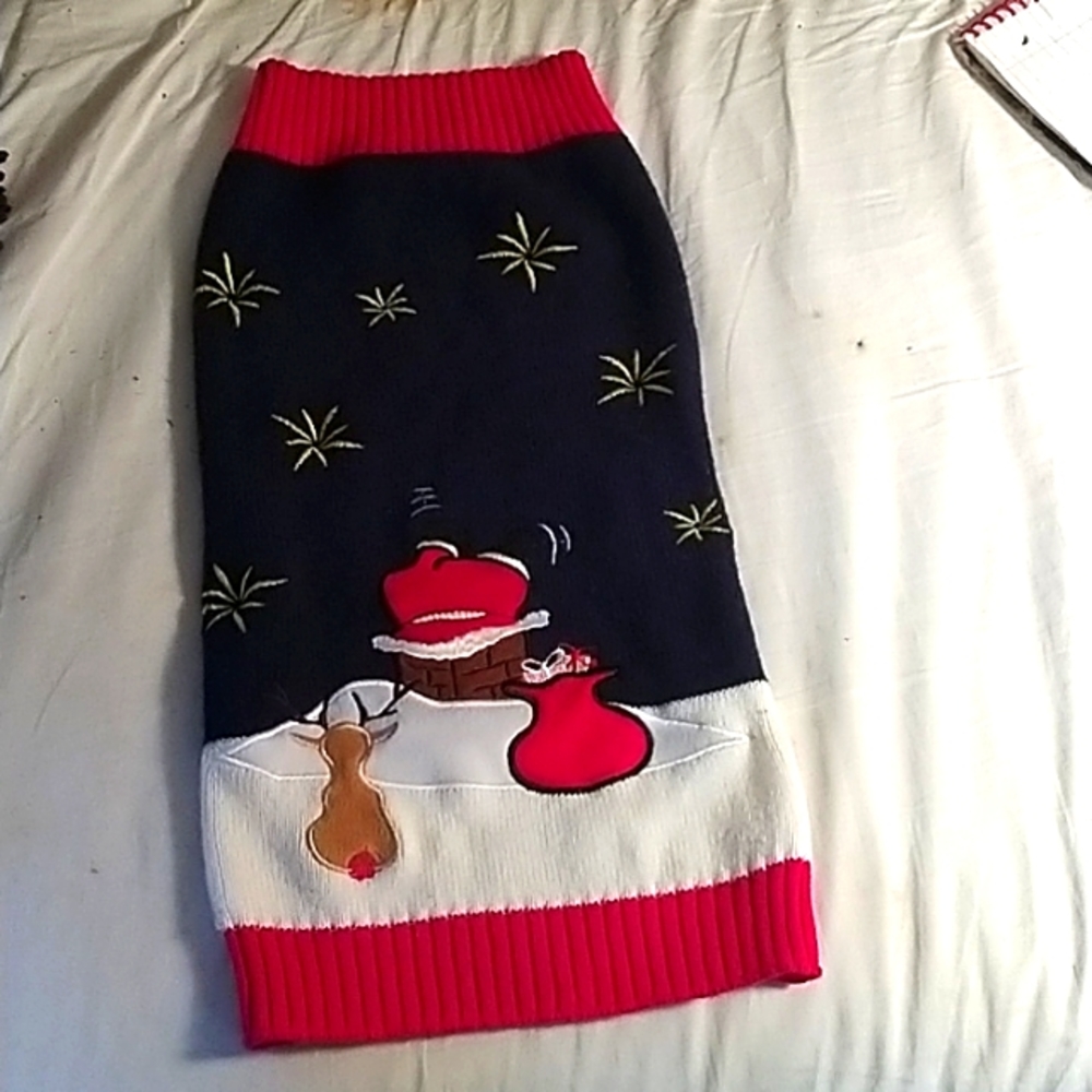 Festive Holiday Dog Sweater Navy Blue w/ Santa Gifts Dear Christmas Outfit
